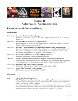 Section D Celia Pearce – Curriculum Vitae Employment and Education History