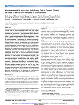 Chromosomal Breakpoints in Primary Colon Cancer Cluster at Sites of Structural Variants in the Genome