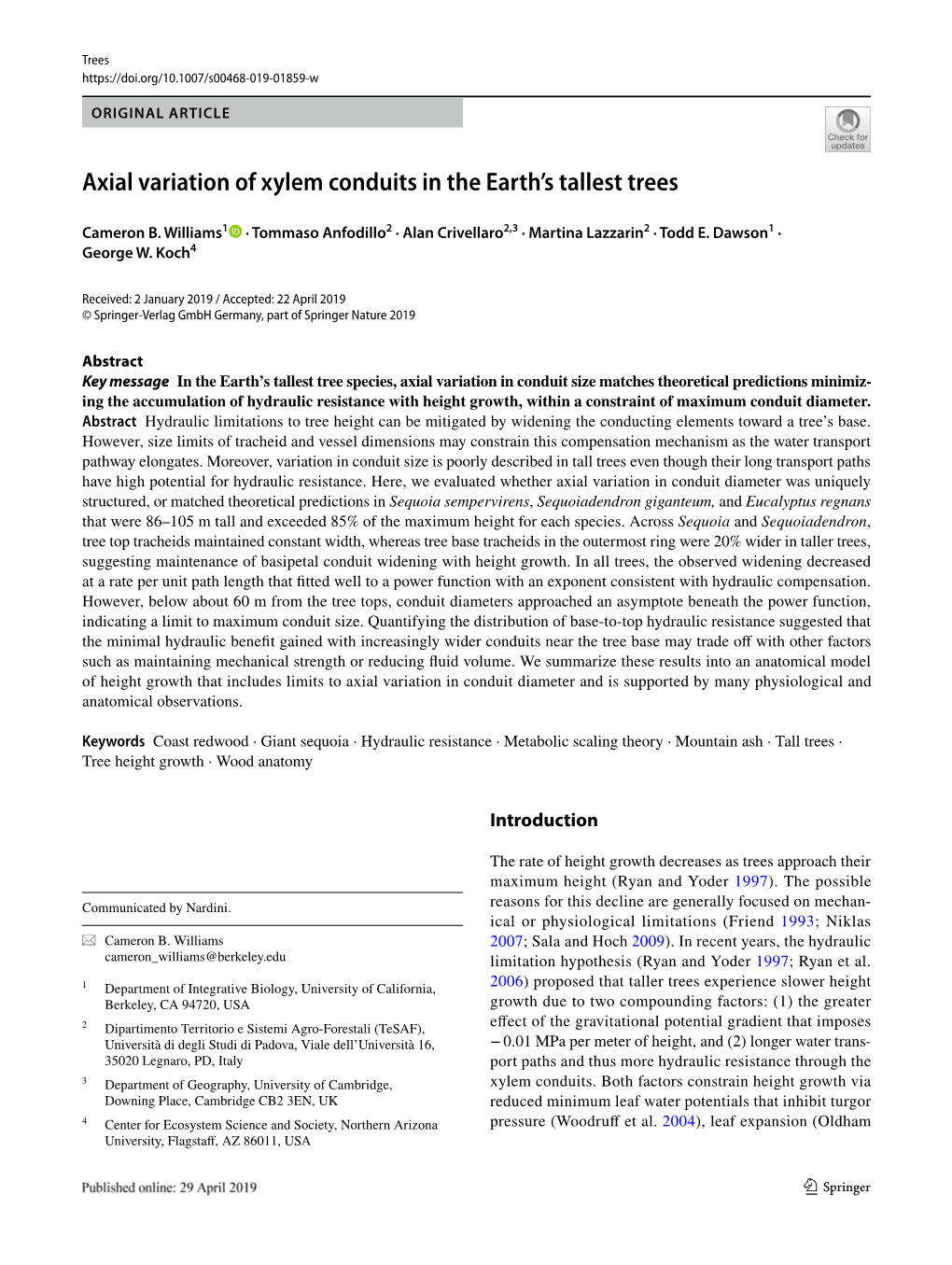 Axial Variation of Xylem Conduits in the Earth's Tallest Trees