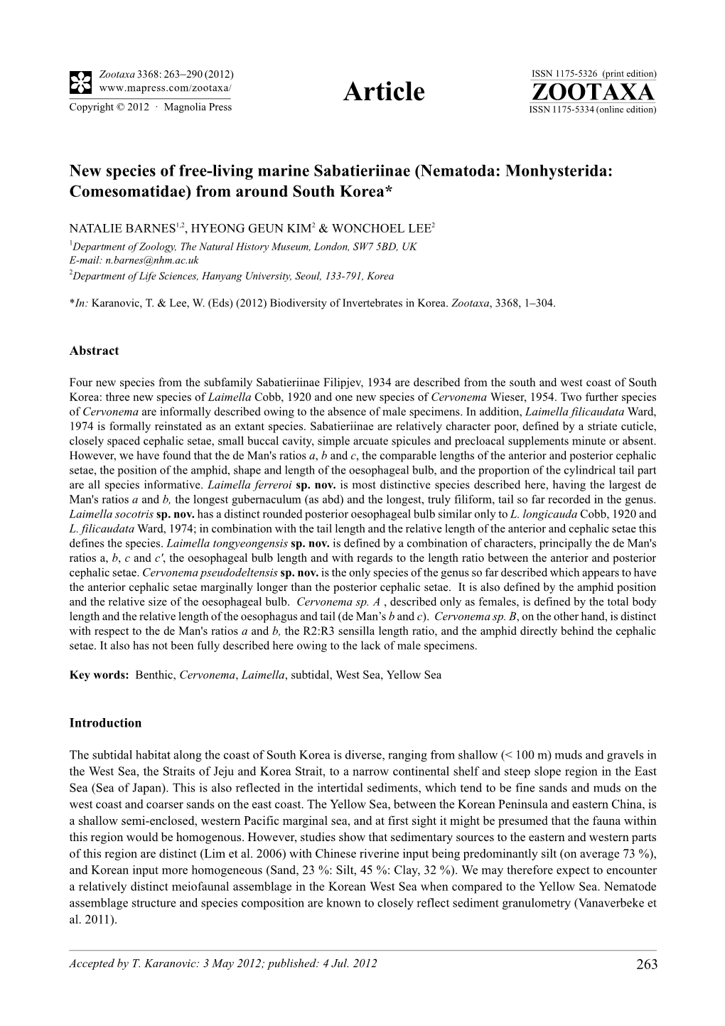 New Species of Free-Living Marine Sabatieriinae (Nematoda: Monhysterida: Comesomatidae) from Around South Korea*