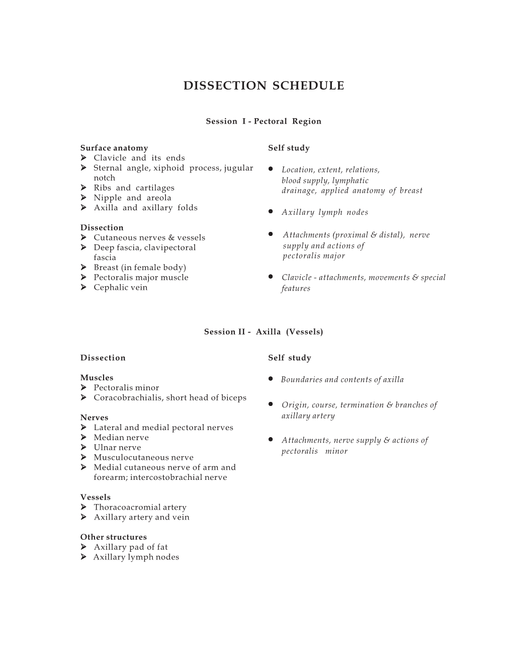 Dissection Schedule