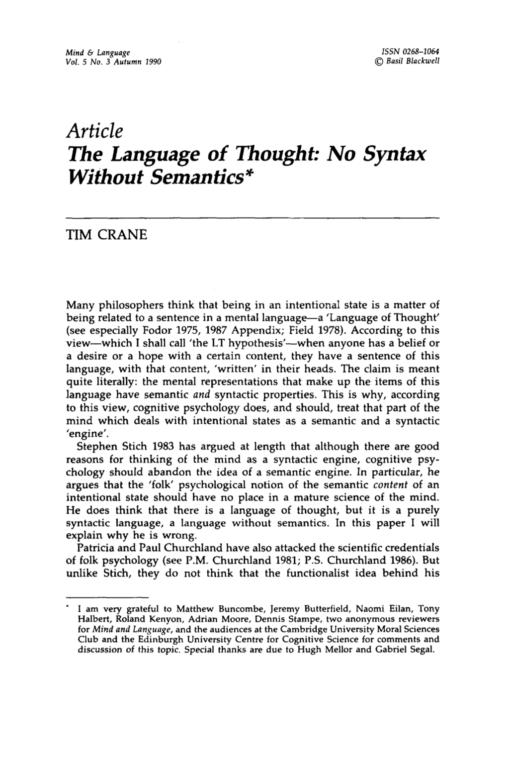 The Language of Thought: No Syntax Without Semantics*