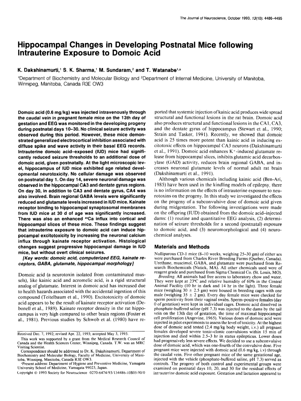 Hippocampal Changes in Developing Postnatal Mice Following Intrauterine Exposure to Domoic Acid