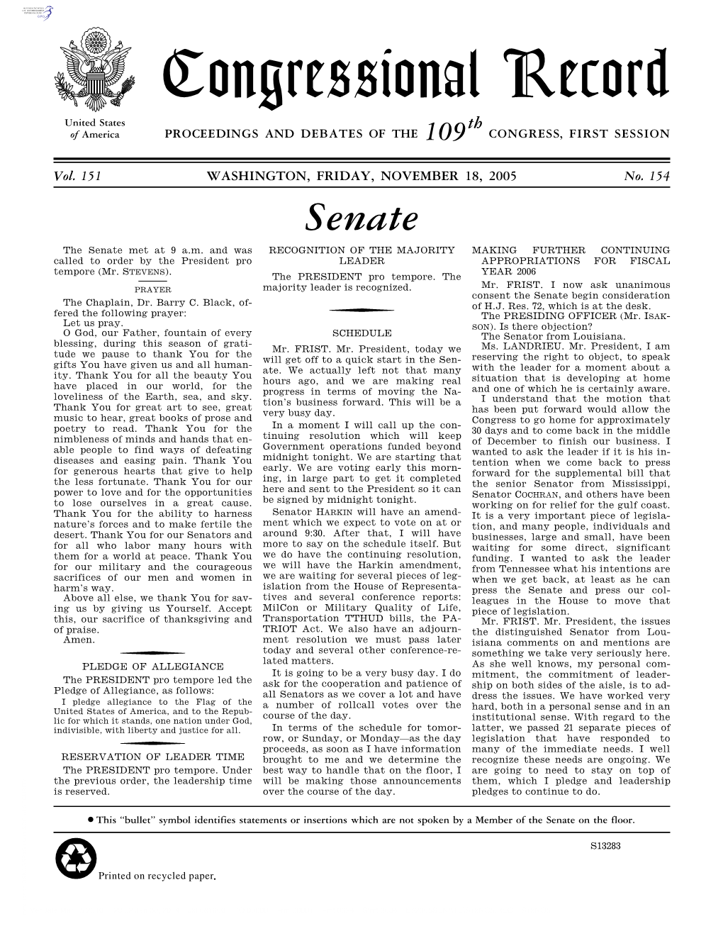 Congressional Record United States Th of America PROCEEDINGS and DEBATES of the 109 CONGRESS, FIRST SESSION