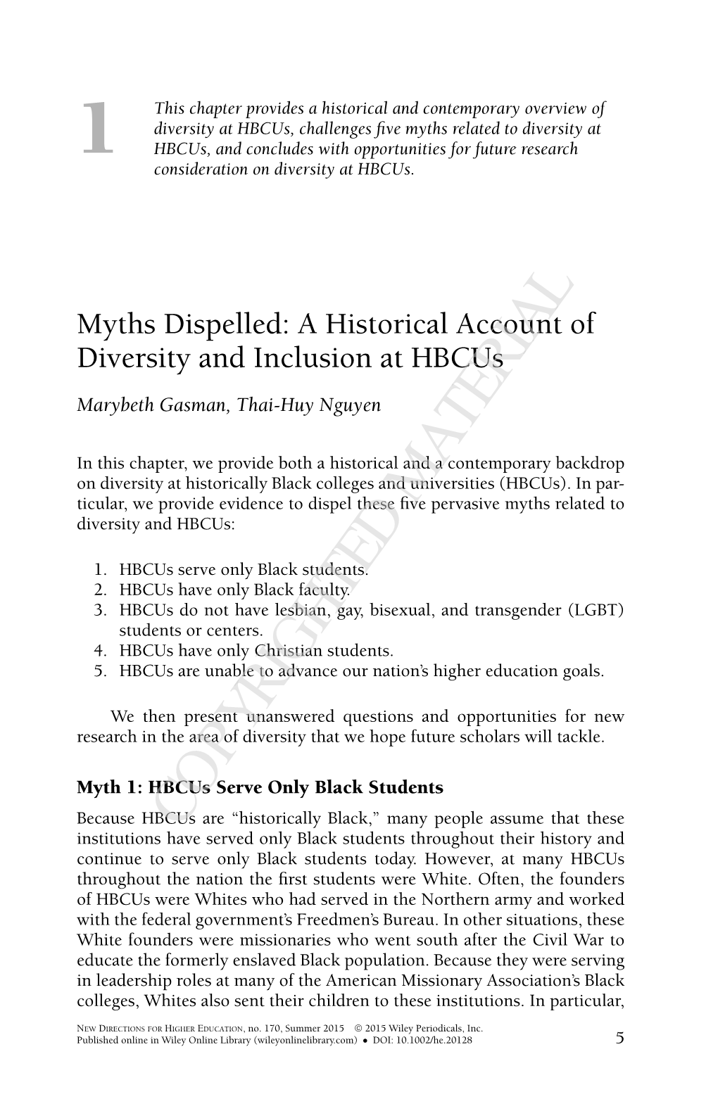 Myths Dispelled: a Historical Account of Diversity and Inclusion at Hbcus