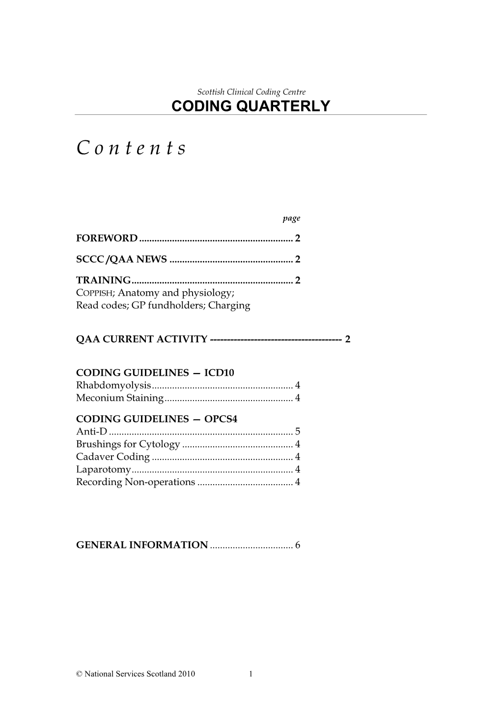 Scottish Clinical Coding Centre CODING QUARTERLY