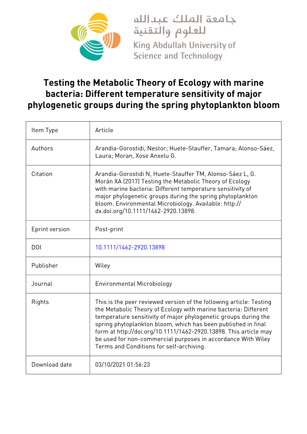 Testing the Metabolic Theory of Ecology with Marine Bacteria: Different Temperature Sensitivity of Major Phylogenetic Groups During the Spring Phytoplankton Bloom