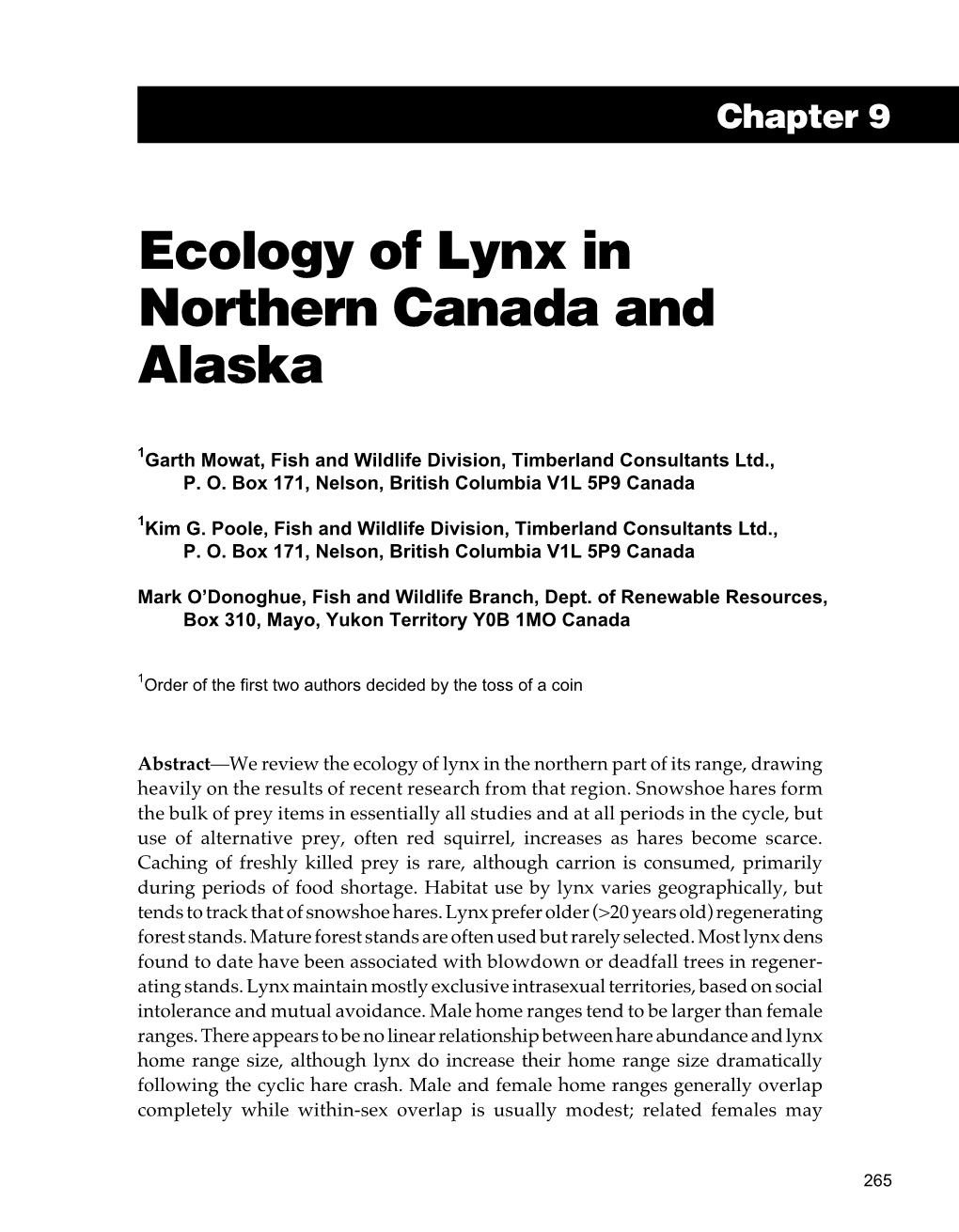 Ecology of Lynx in Northern Canada and Alaska