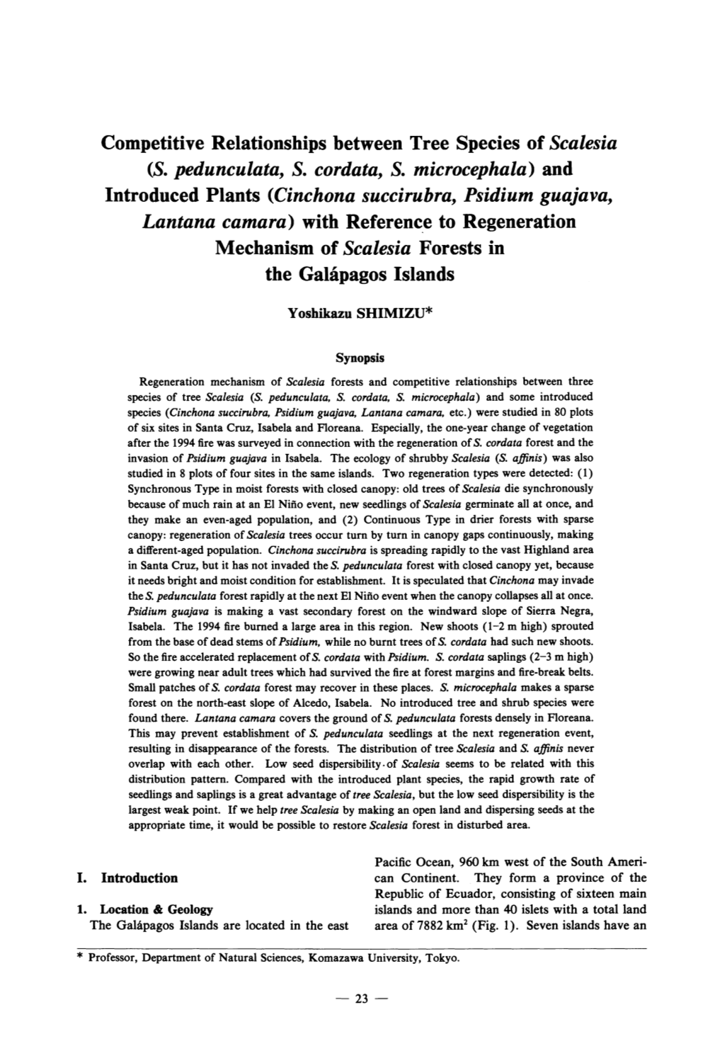 And Introduced Plants (Cinchona Succirubra, Psidium Guaiava, Lantana Camara) with Reference to Regeneration Mechanism of Scalesia Forests in the Galttpagos Lslands