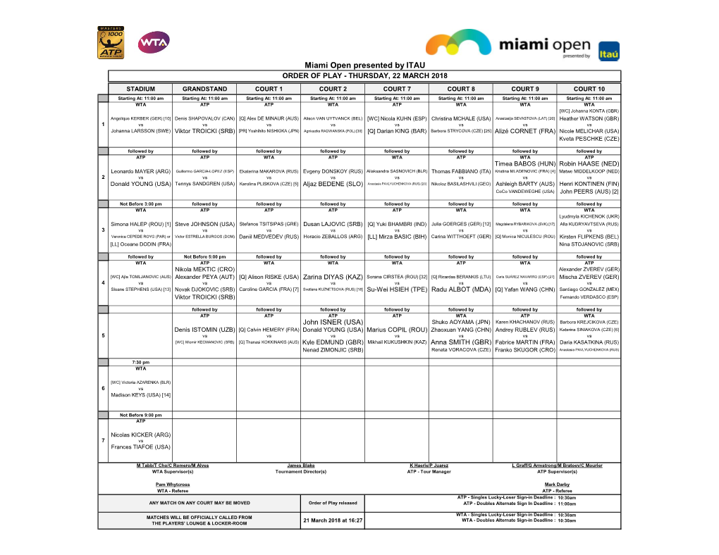 Miami Open Presented by ITAU ORDER of PLAY - THURSDAY, 22 MARCH 2018