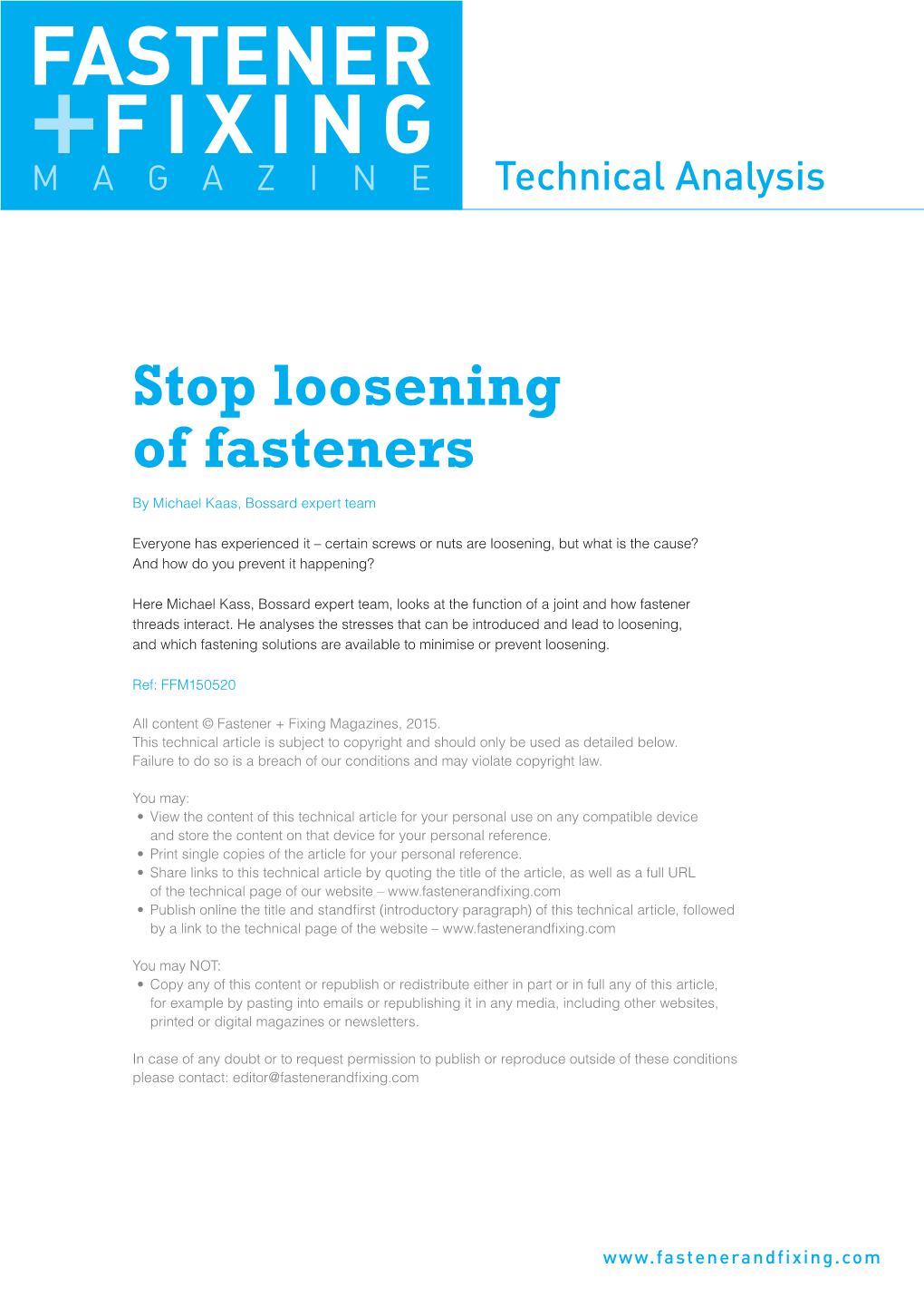 Stop Loosening of Fasteners