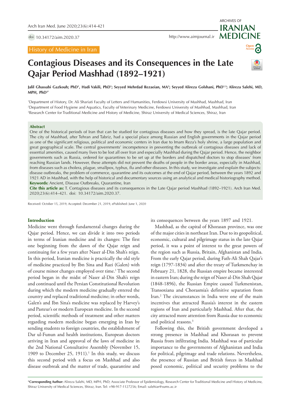 Contagious Diseases and Its Consequences in the Late Qajar Period Mashhad (1892–1921)