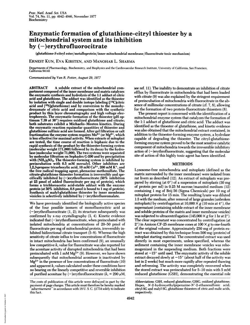 Enzymatic Formation of Glutathione-Citryl Thioester