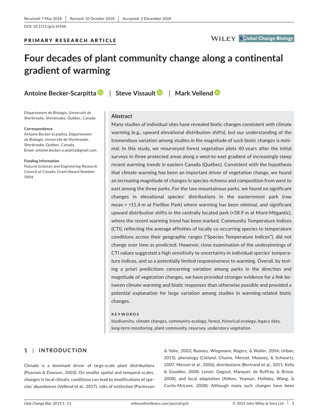 Four Decades of Plant Community Change Along a Continental Gradient of Warming