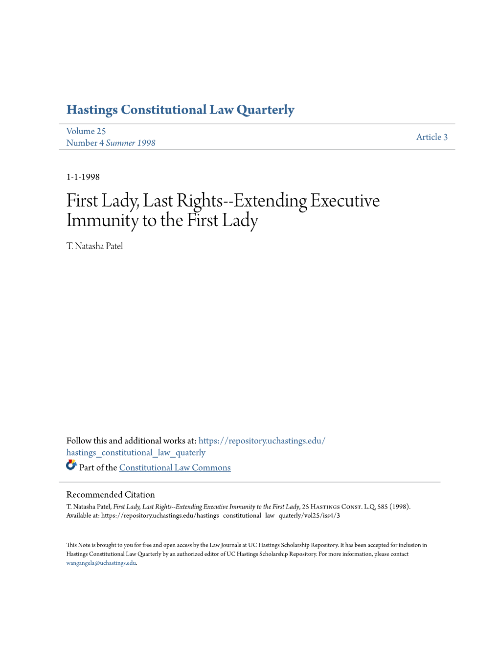 Extending Executive Immunity to the First Lady T