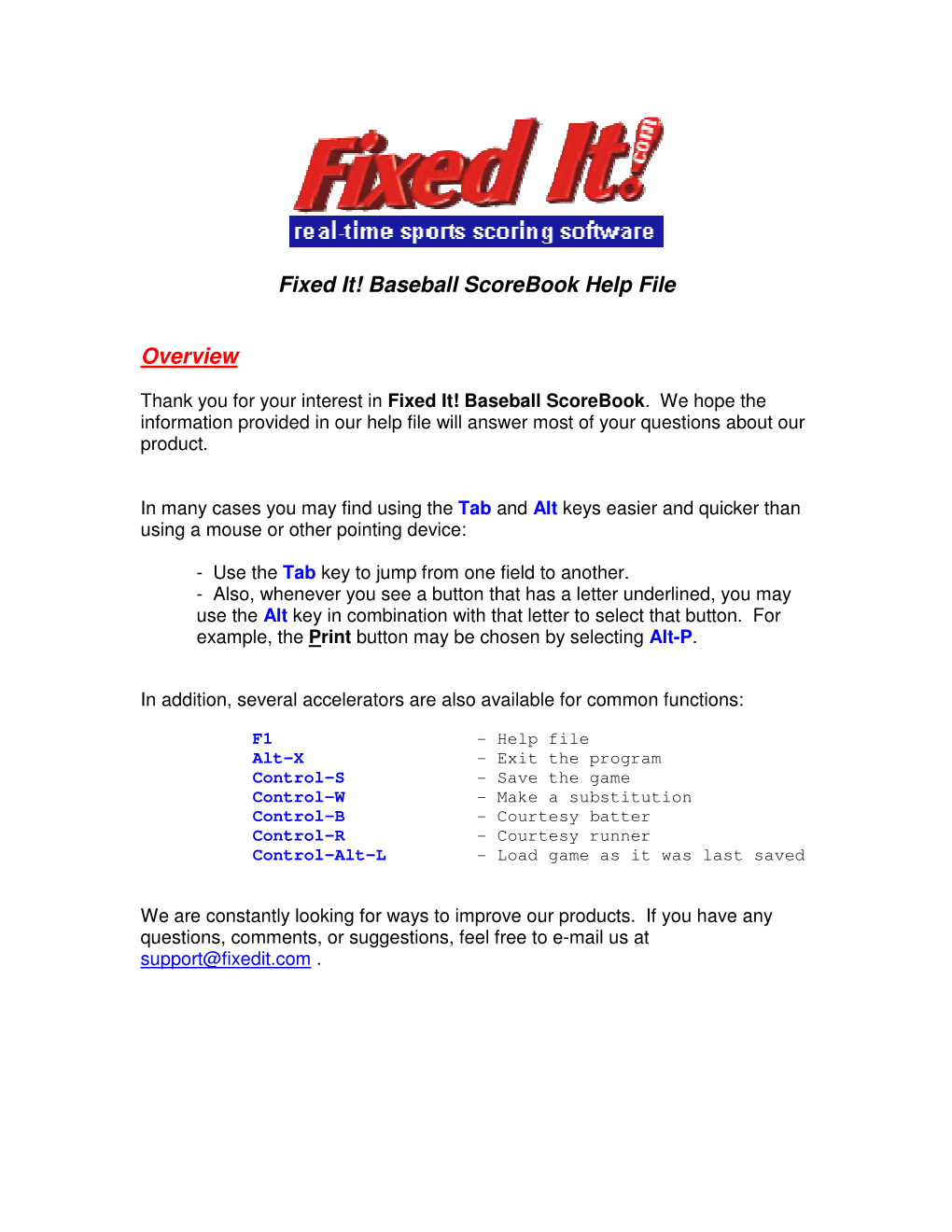Fixed It! Baseball Scorebook Help File Overview