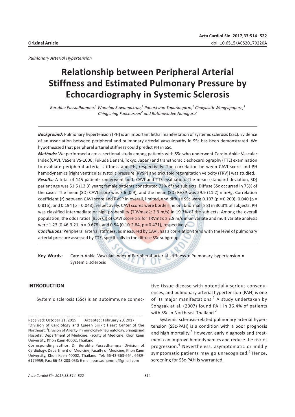 Relationship Between Peripheral Arterial Stiffness and Estimated Pulmonary Pressure by Echocardiography in Systemic Sclerosis