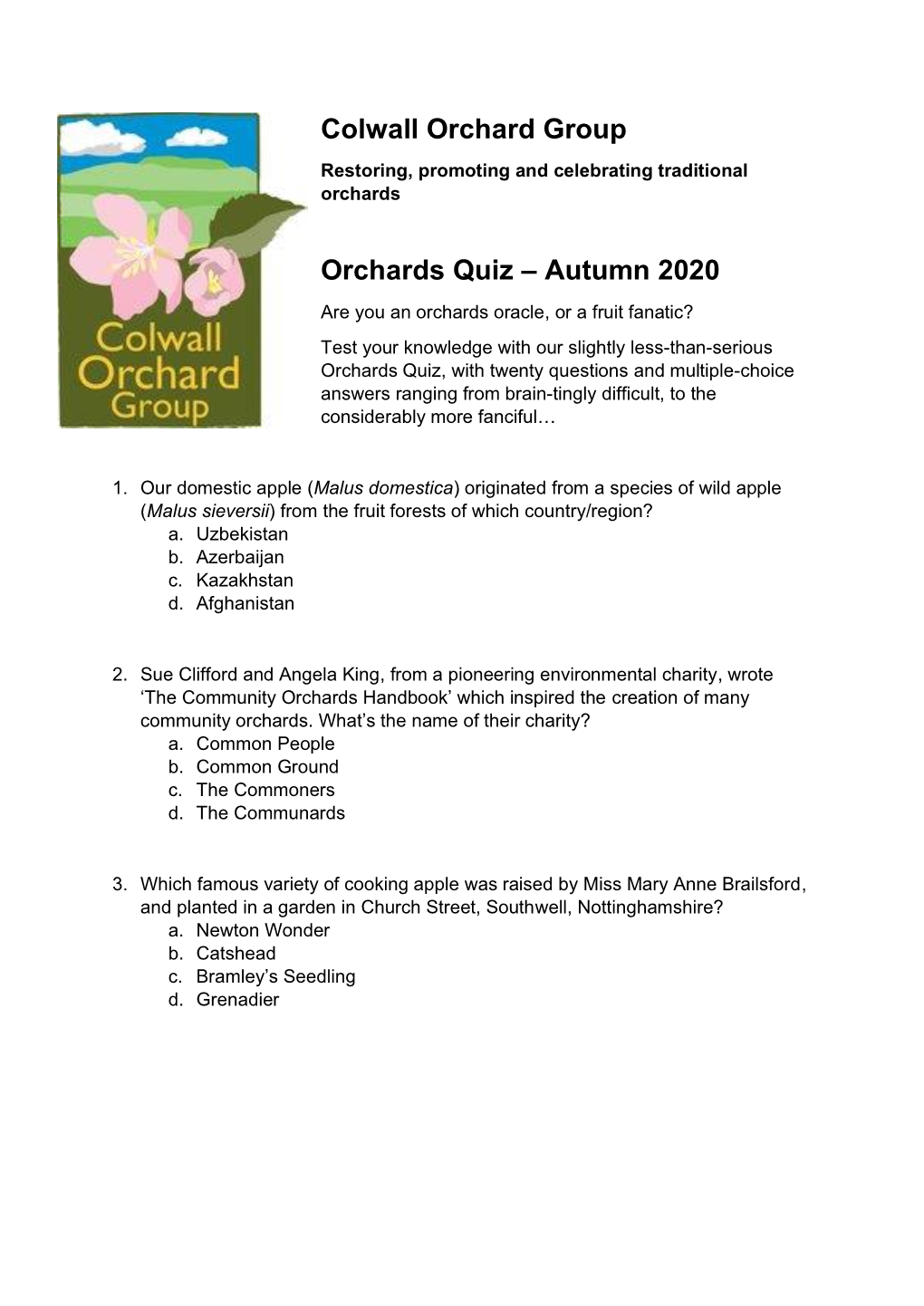 Colwall Orchard Group Orchards Quiz