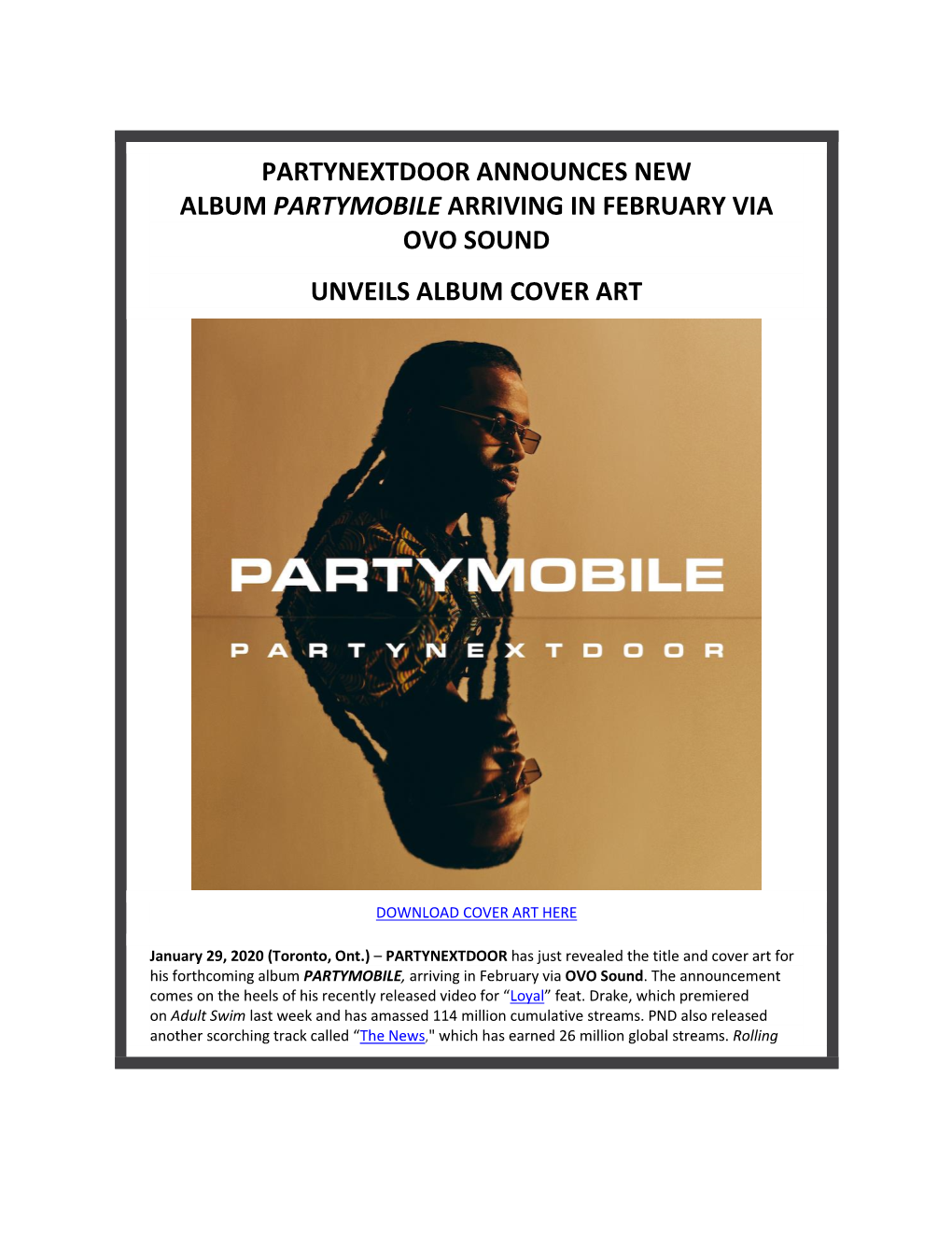 Partynextdoor Announces New Album Partymobile Arriving in February Via Ovo Sound