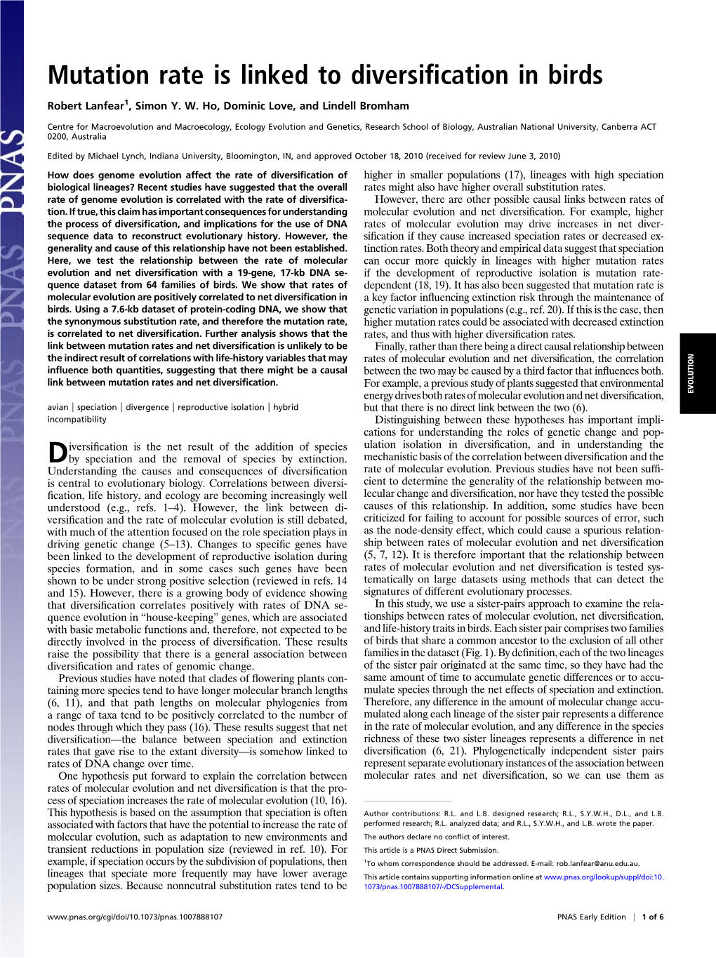 Mutation Rate Is Linked to Diversification in Birds