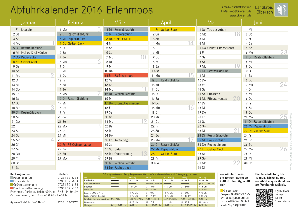 Abfuhrkalender 2016 Erlenmoos