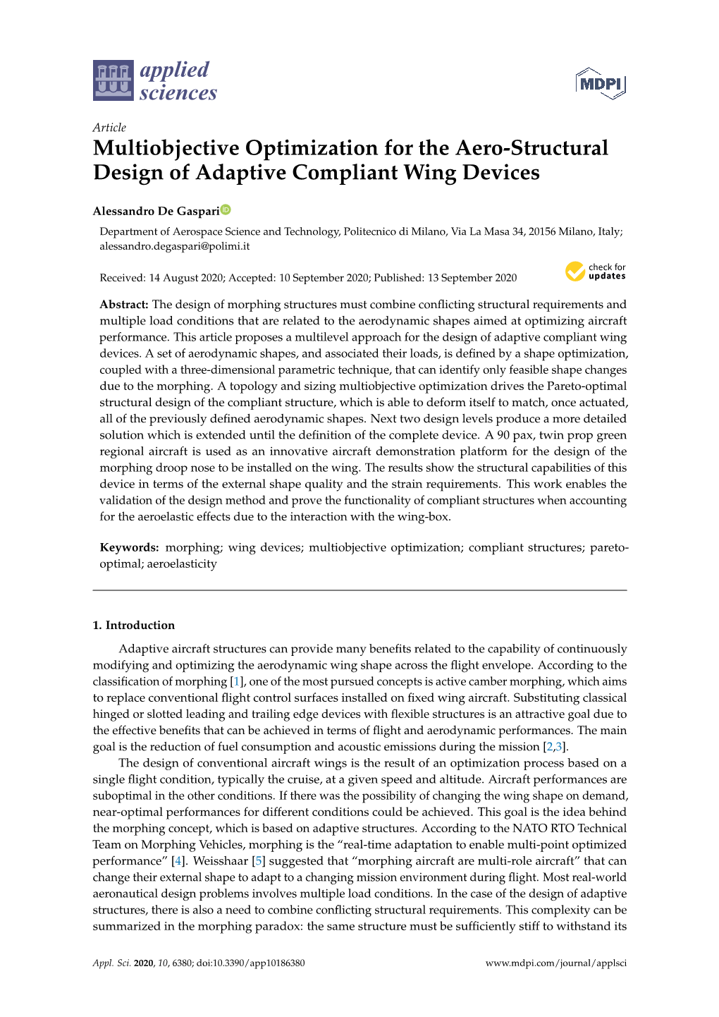 Multiobjective Optimization for the Aero-Structural Design of Adaptive Compliant Wing Devices