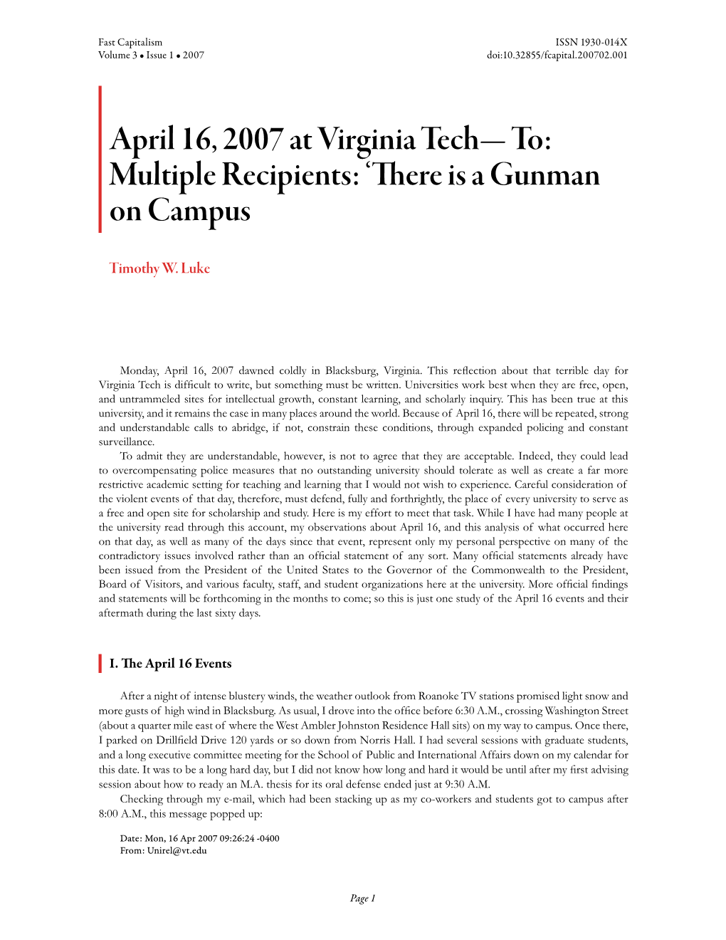 April 16, 2007 at Virginia Tech— To: Multiple Recipients: 'There Is A