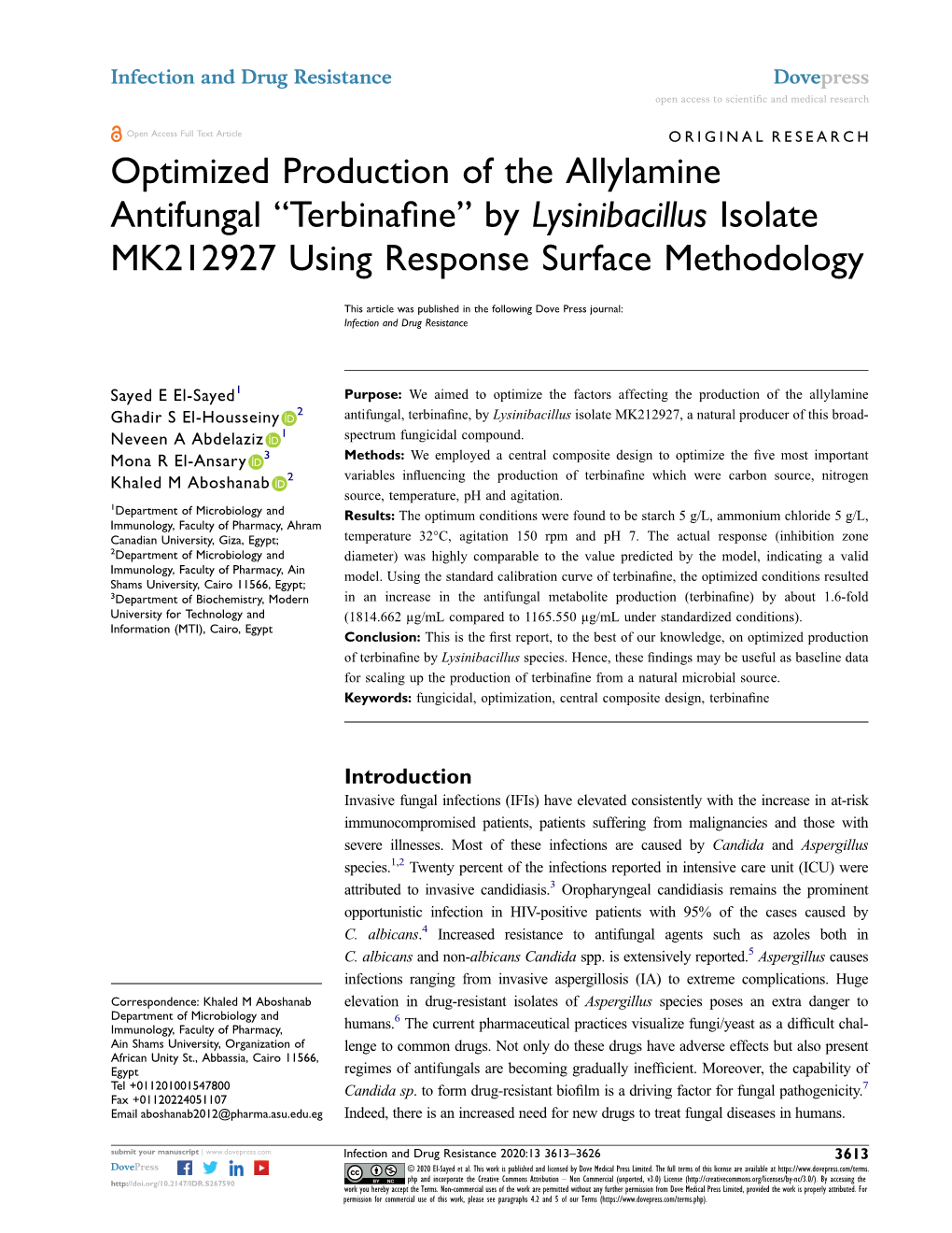 Optimized Production of the Allylamine Antifungal “Terbinafine” by Lysinibacillus Isolate MK212927 Using Response Surface Methodology