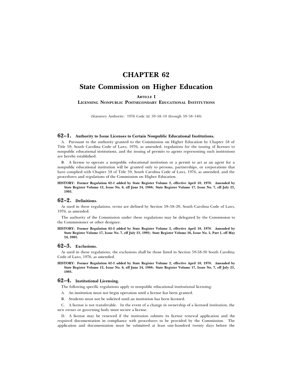 CHAPTER 62 State Commission on Higher Education