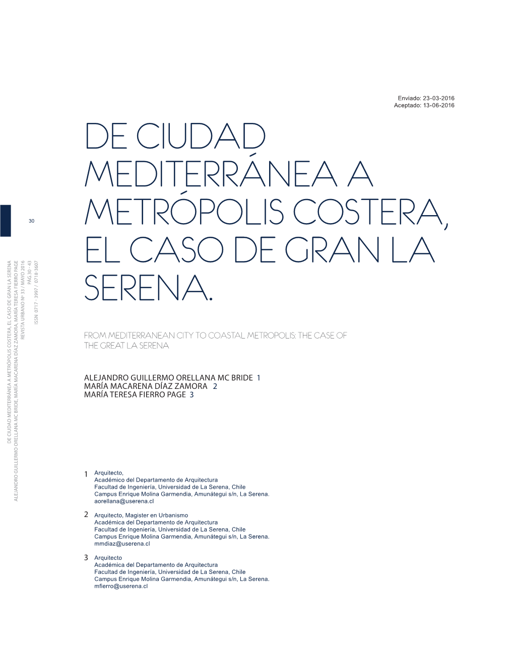 De Ciudad Mediterránea a Metrópolis Costera, El Caso De Gran La Serena