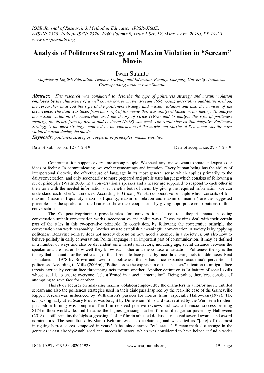 Analysis of Politeness Strategy and Maxim Violation in “Scream” Movie