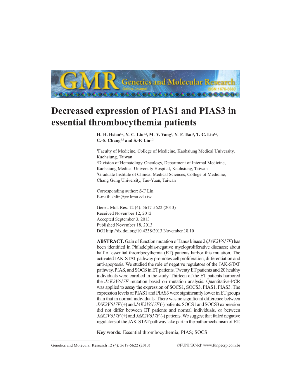 Decreased Expression of PIAS1 and PIAS3 in Essential Thrombocythemia Patients