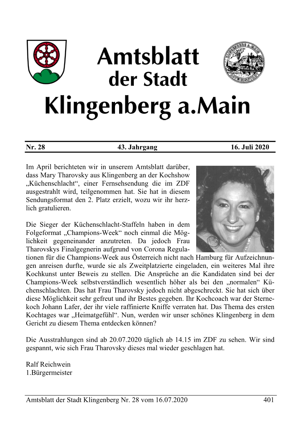 Amtsblatt Der Stadt Klingenberg Nr. 28 Vom 16.07.2020 401 Nr. 28 43