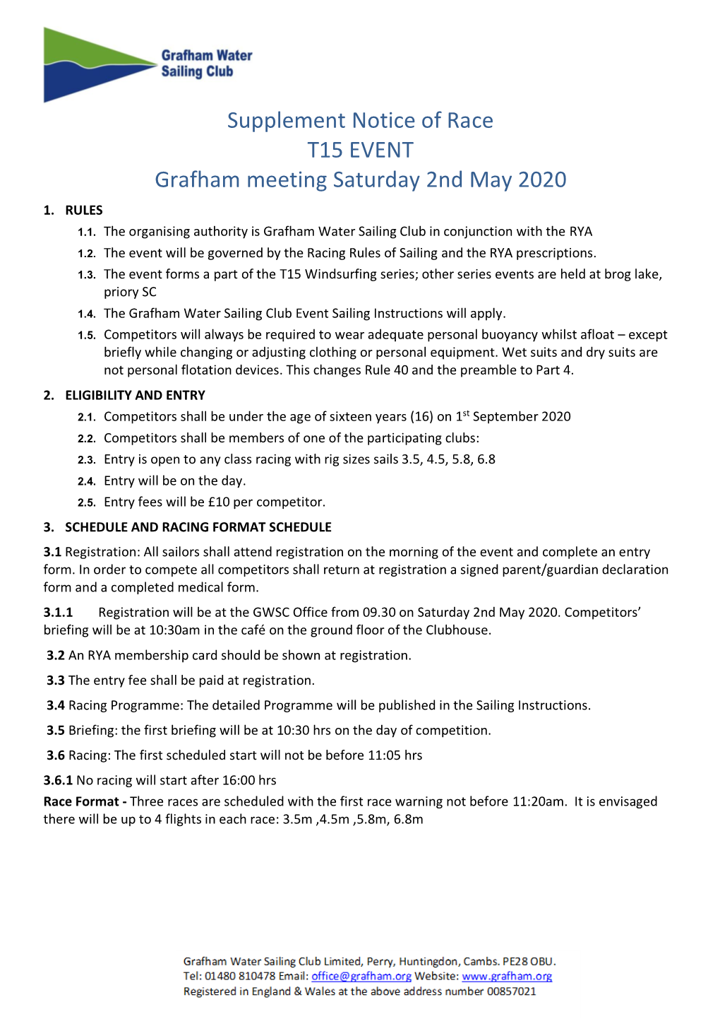 Supplement Notice of Race T15 EVENT Grafham Meeting Saturday 2Nd May 2020 1