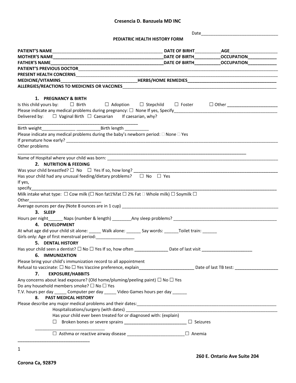 Pediatric Health History Form