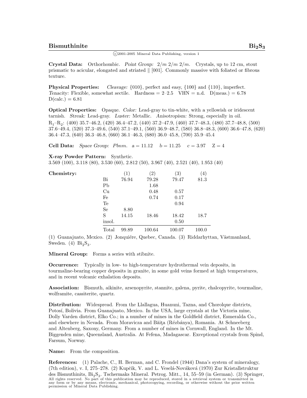 Bismuthinite Bi2s3 C 2001-2005 Mineral Data Publishing, Version 1