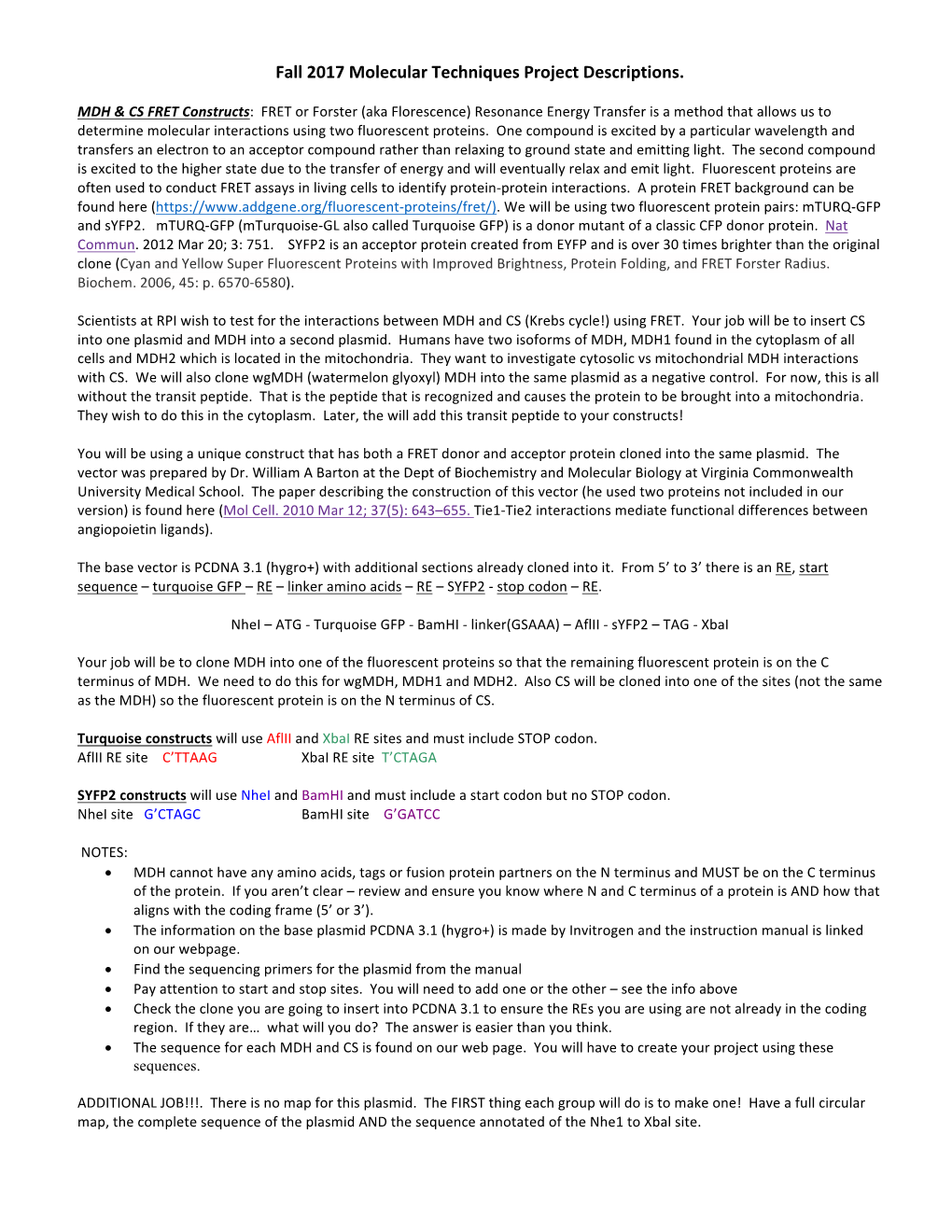 Fall 2017 Molecular Techniques Project Descriptions