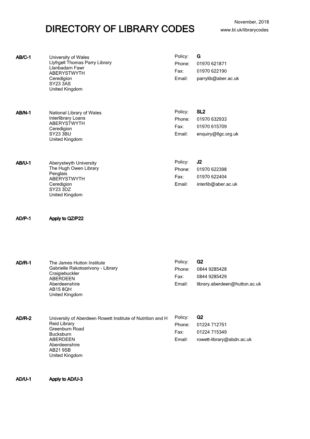 Download a PDF Copy of the Directory of Library Codes