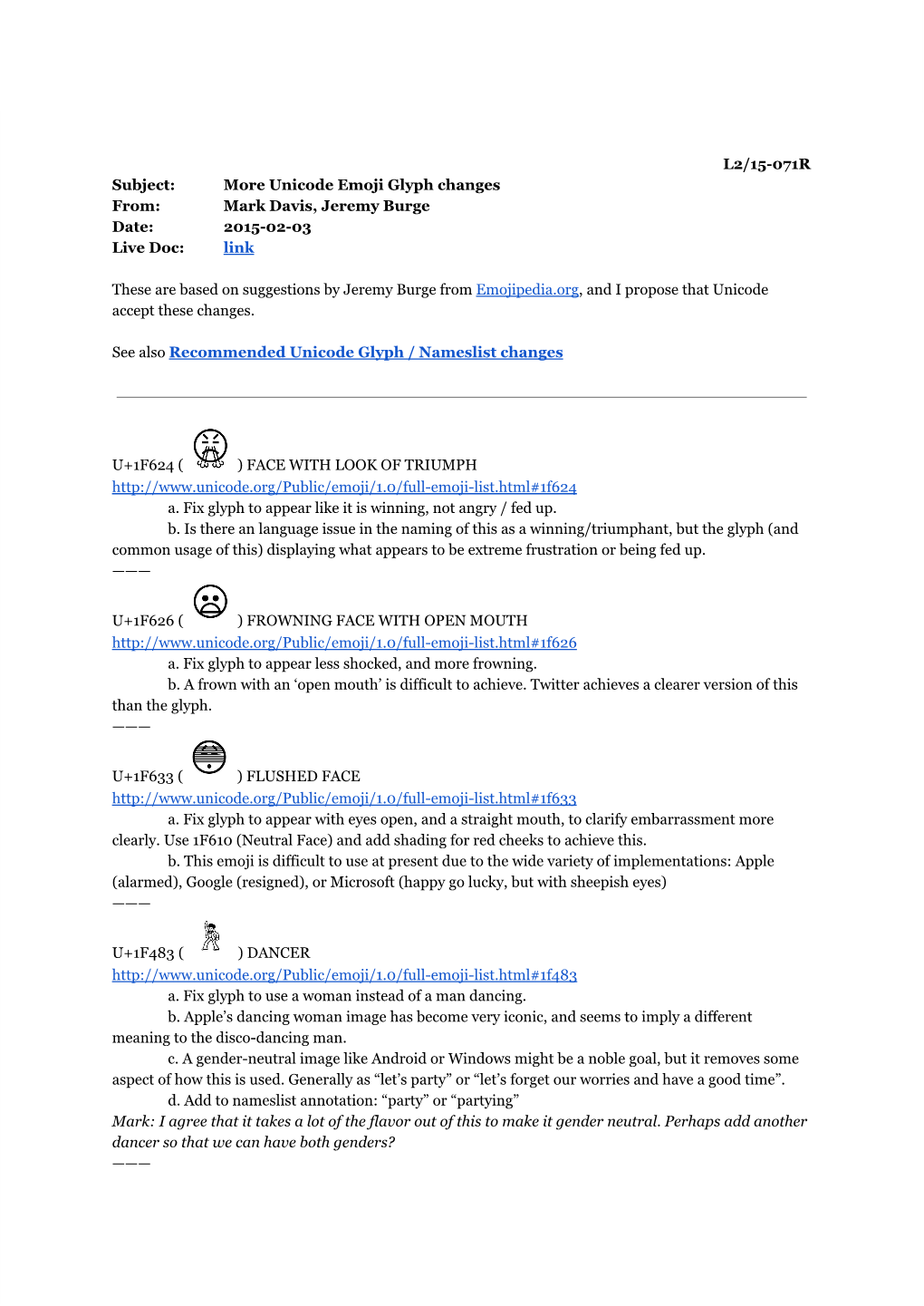 L2/15-071R Subject: More Unicode Emoji Glyph Changes From: Mark Davis, Jeremy Burge Date: 2015-02-03 Live Doc: ​Link