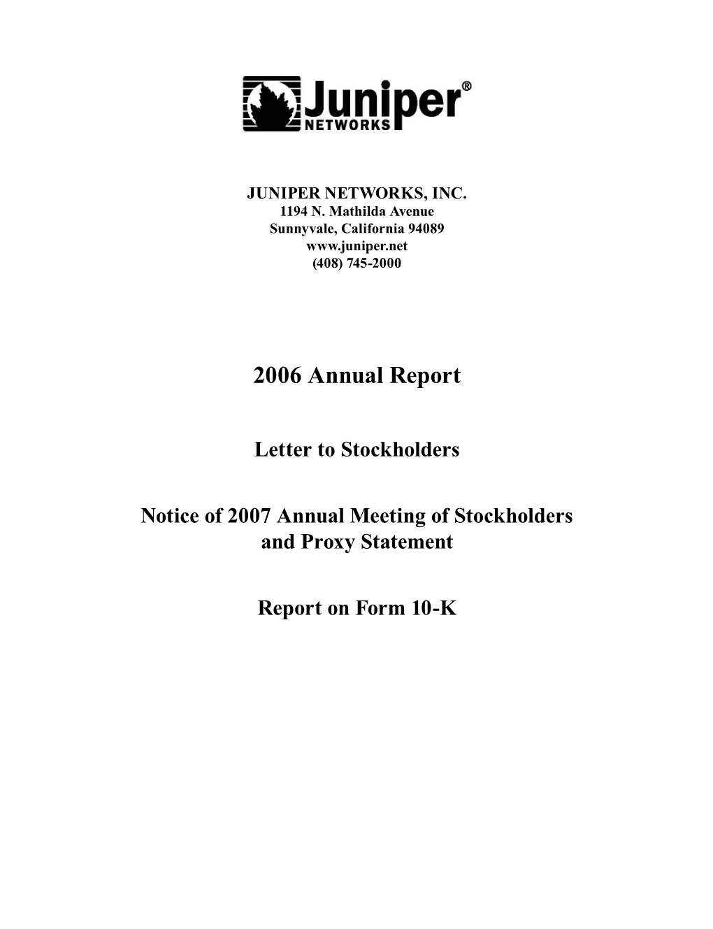 2006 Annual Report Letter to Stockholders