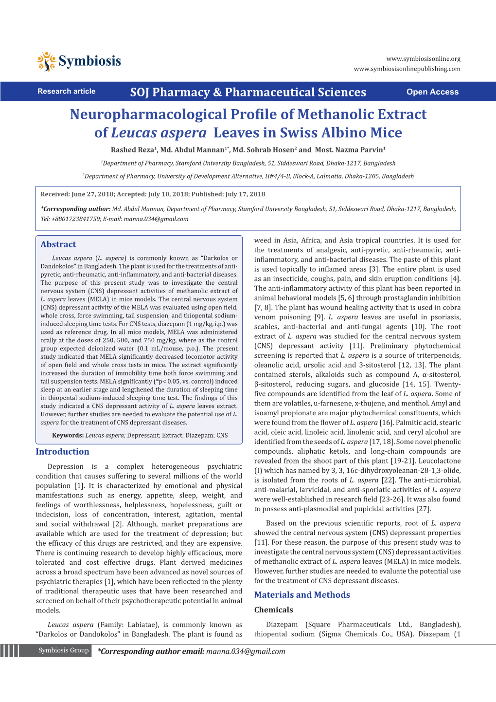 Neuropharmacological Profile of Methanolic Extract of Leucas Aspera Leaves in Swiss Albino Mice Rashed Reza1, Md