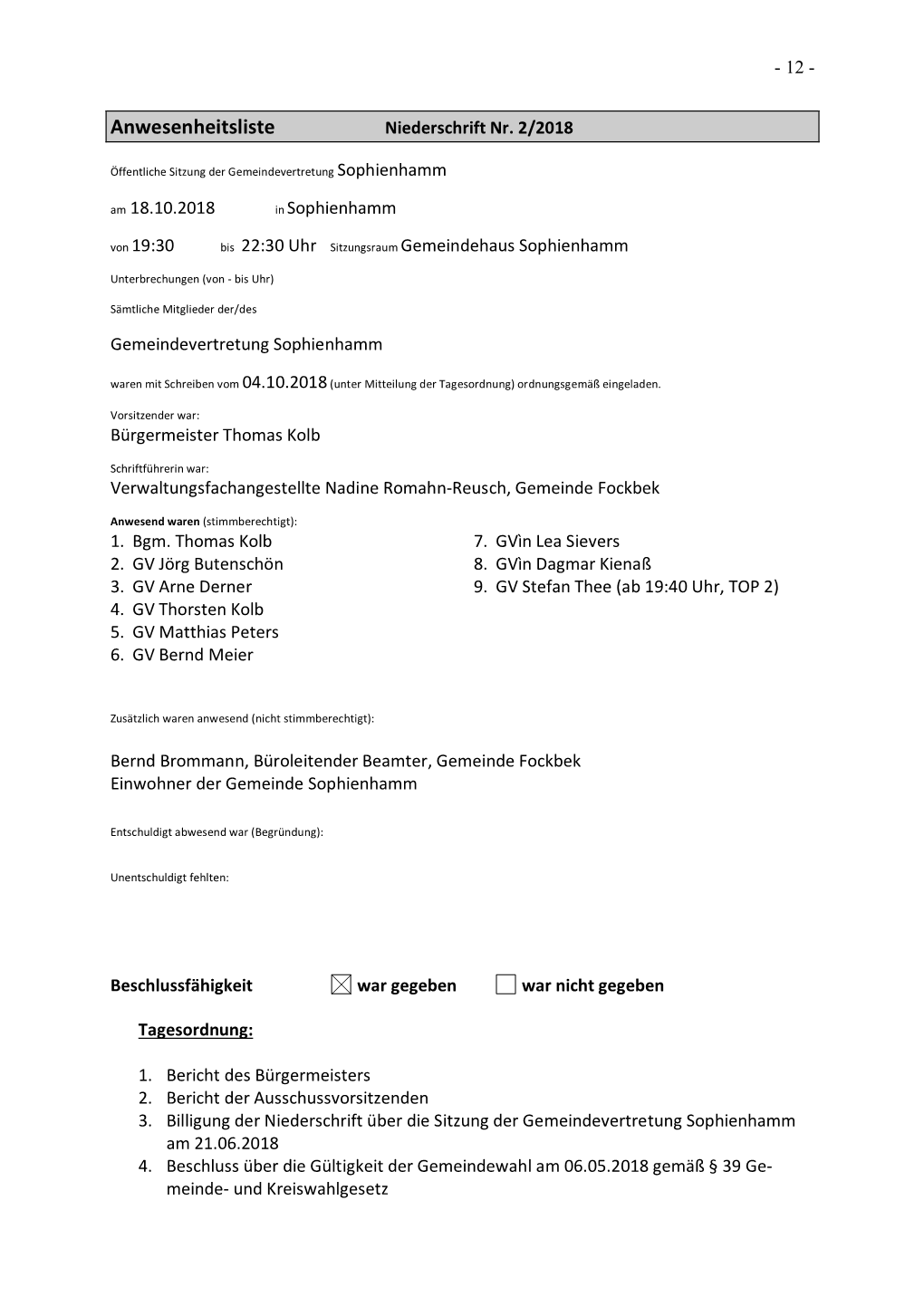 Anwesenheitsliste Niederschrift Nr