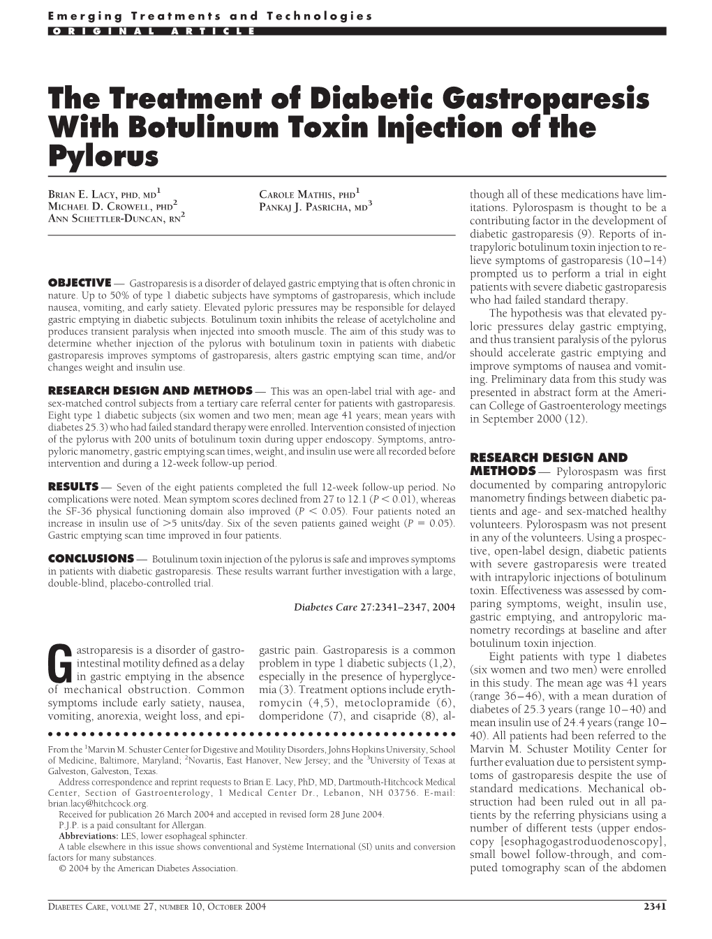 The Treatment of Diabetic Gastroparesis with Botulinum Toxin Injection of the Pylorus