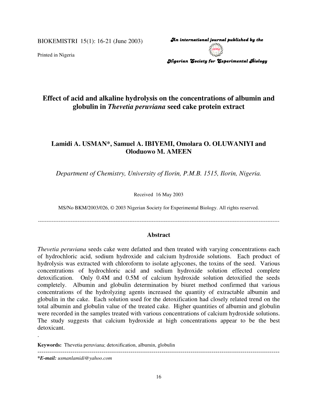 Effect of Acid and Alkaline Hydrolysis on the Concentrations of Albumin and Globulin in Thevetia Peruviana Seed Cake Protein Extract