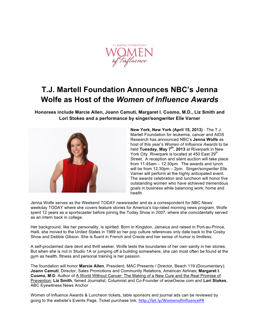 T.J. Martell Foundation Announces NBC's Jenna Wolfe As Host of The