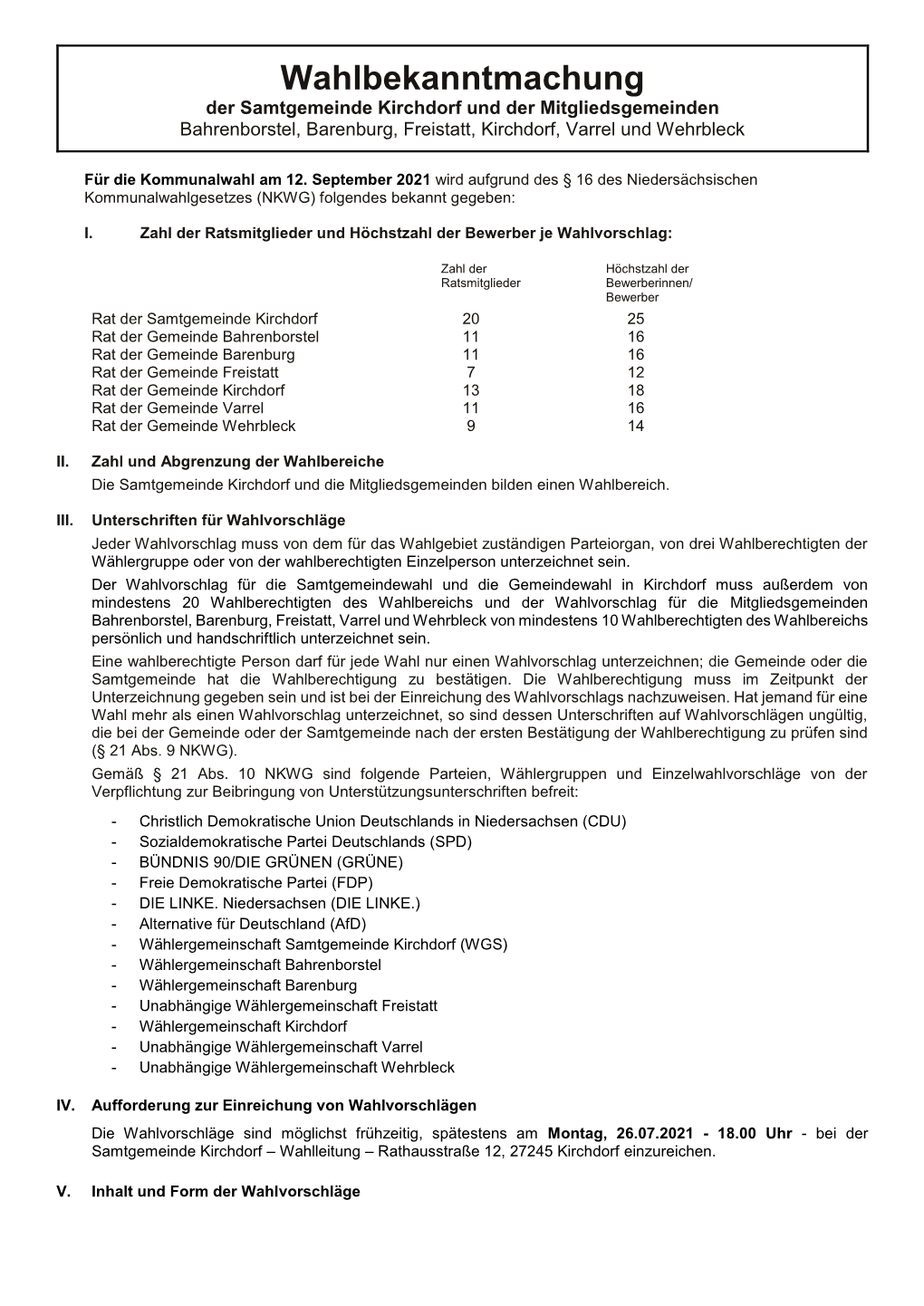 Wahlbekanntmachung Der Samtgemeinde Kirchdorf Und Der Mitgliedsgemeinden Bahrenborstel, Barenburg, Freistatt, Kirchdorf, Varrel Und Wehrbleck