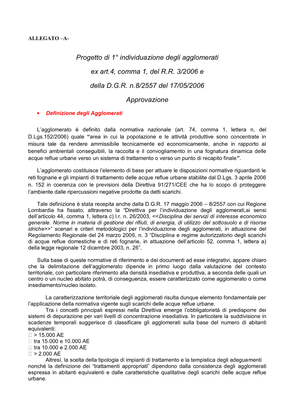 Progetto Di 1° Individuazione Degli Agglomerati Ex Art.4, Comma 1, Del