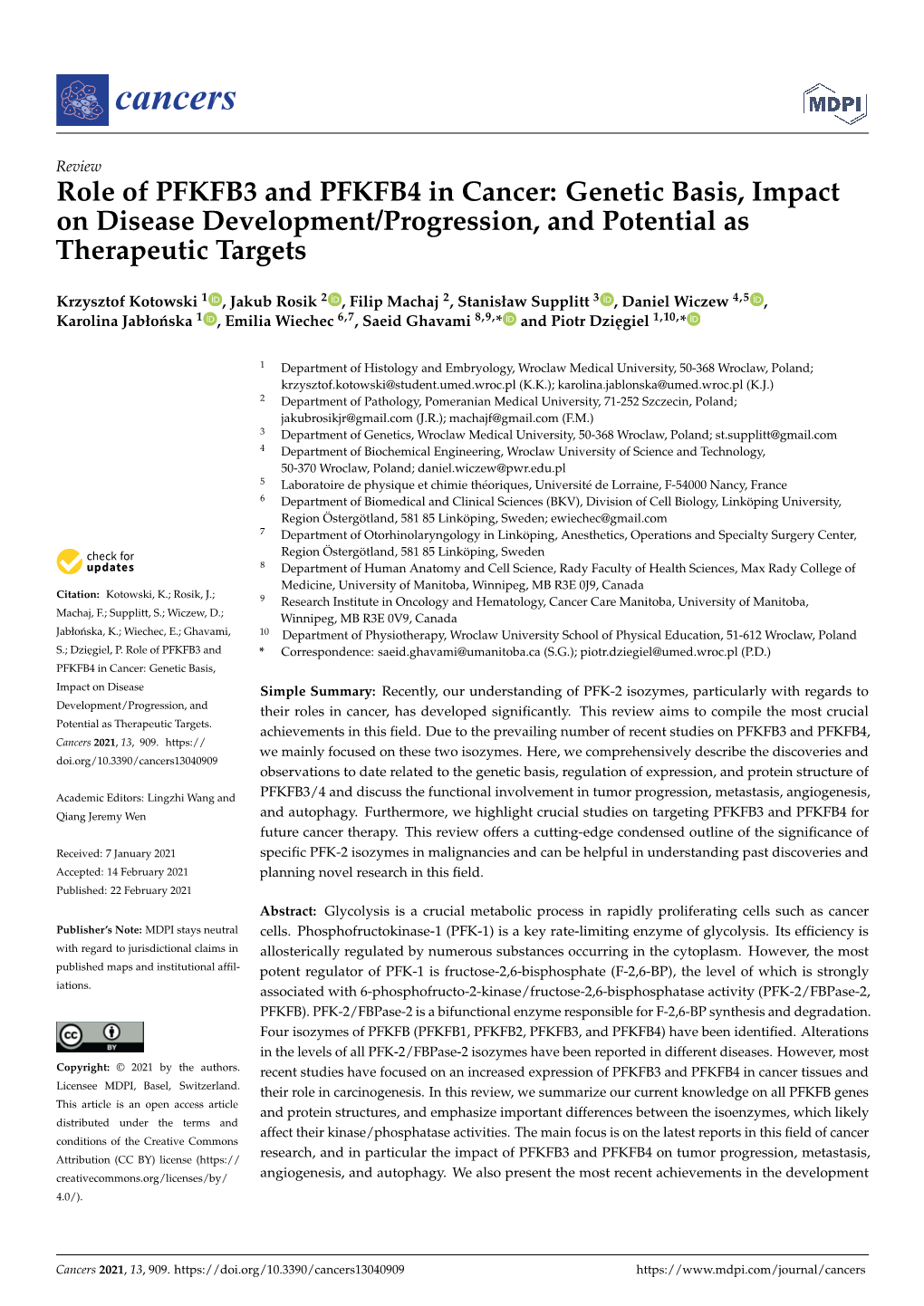 Role of PFKFB3 and PFKFB4 in Cancer: Genetic Basis, Impact on Disease Development/Progression, and Potential As Therapeutic Targets