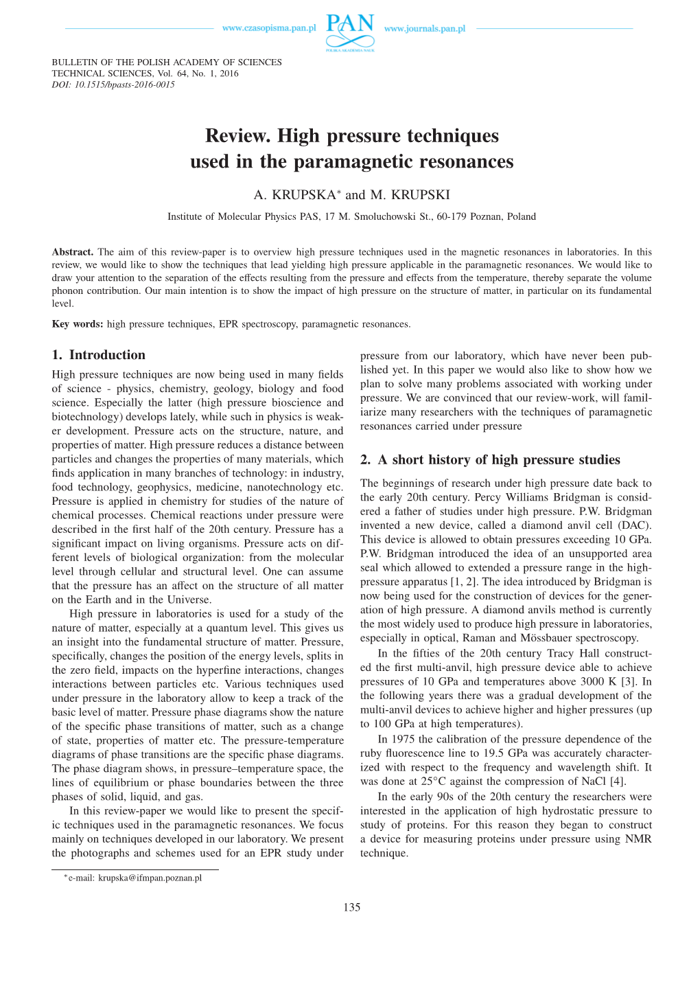 Review. High Pressure Techniques Used in the Paramagnetic Resonances