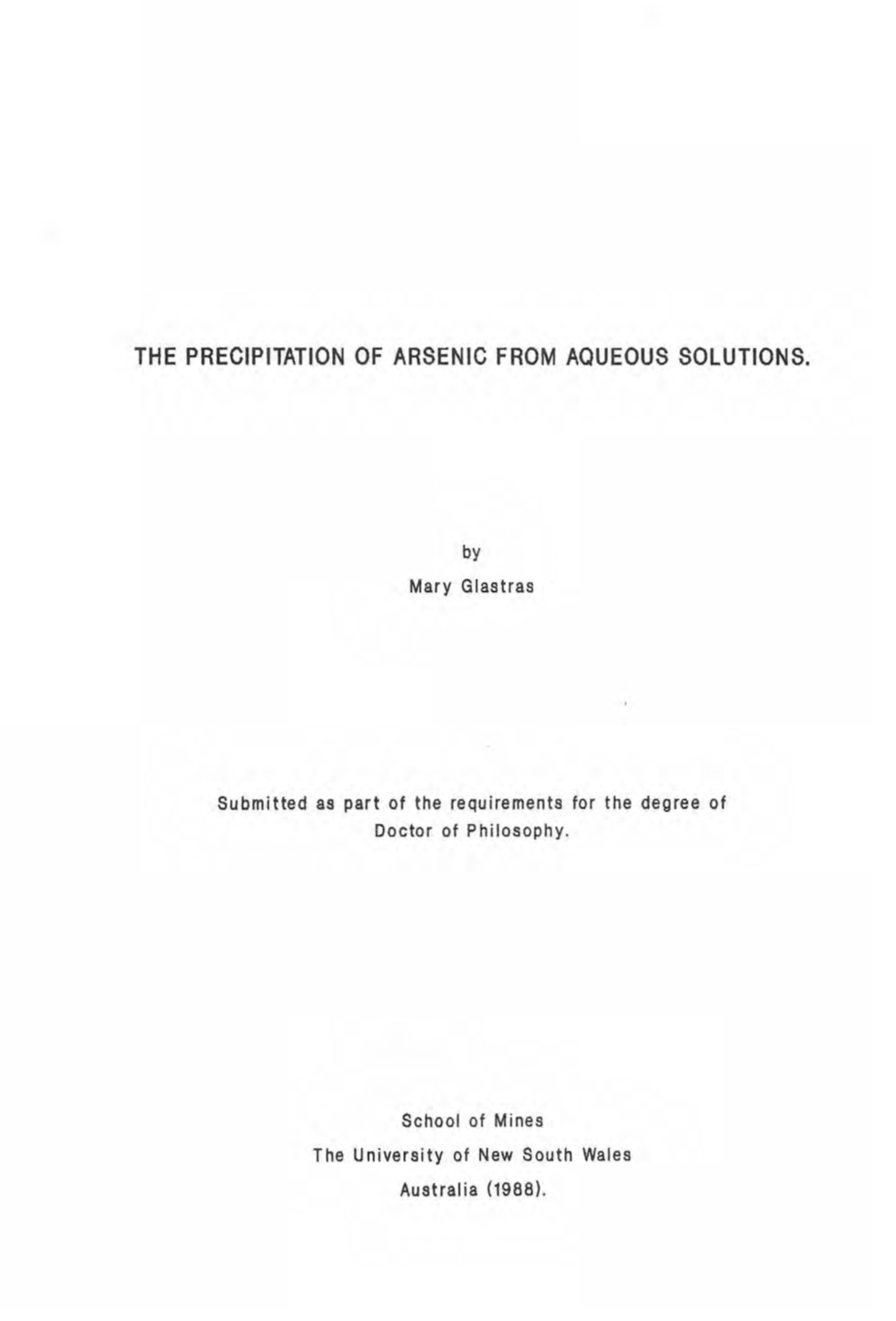 The Precipitation of Arsenic from Aqueous Solutions